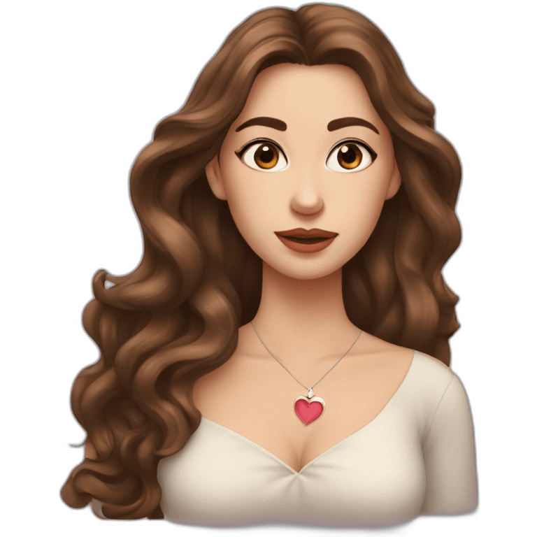 white beautiful woman, brown wavy hair covering one eye, heart gesture, long earrings emoji