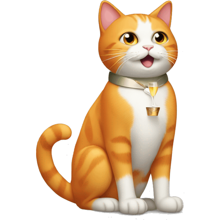 An orange cat with a white belly and white feet and some white on his face and chest carrying a champagne bottle at a party emoji