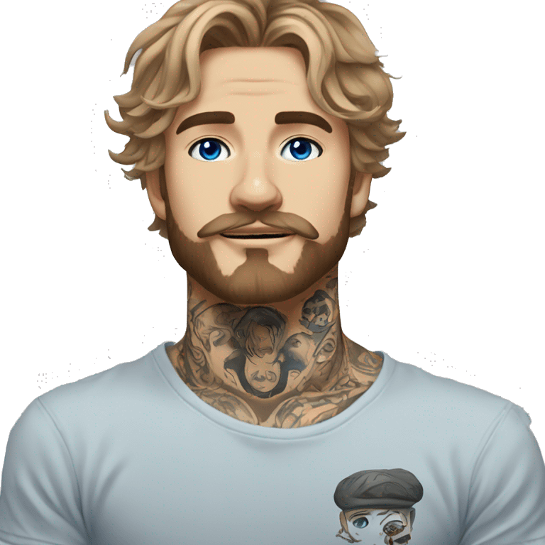 Man with Light brown hair, neck tattoos, arm tattoos, mustache and beard, blue eyes, silver nose piercing hoop, black anime graphic tee emoji