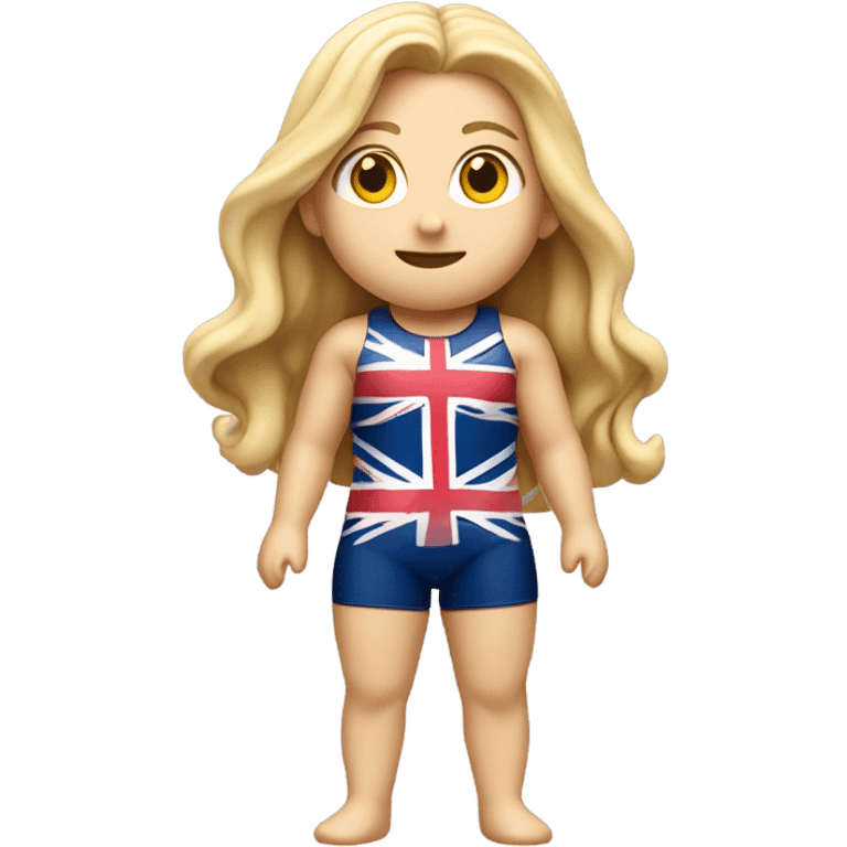 A girl with long blonde hair with wide shoulders wearing a Great Britain rowing swimming suit and has small muscles and add a necklace that has a sea shell pendant on it. The necklace is around the neck and the pendant is on her chest emoji