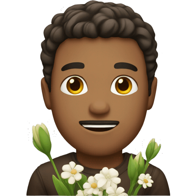 man with brown eyes holding flowers  emoji