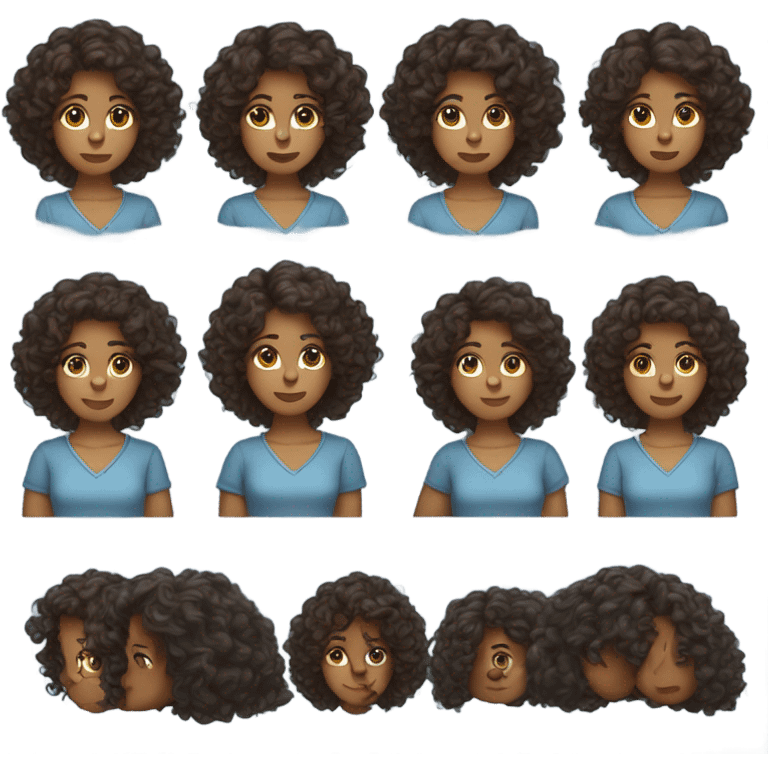 Long curly dark brown curls woman with brown eyes and blue shirt emoji