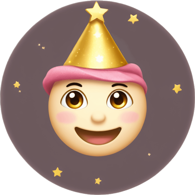 Happy face emoji: A round face, big warm smile, sparkling moon eyes. Eyebrows arched to express good humor, little gold stars near the eyes for a magical touch. Colored party hat slightly askew, rosy cheeks for a cute effect. WHITE ET ONLY A FACE emoji