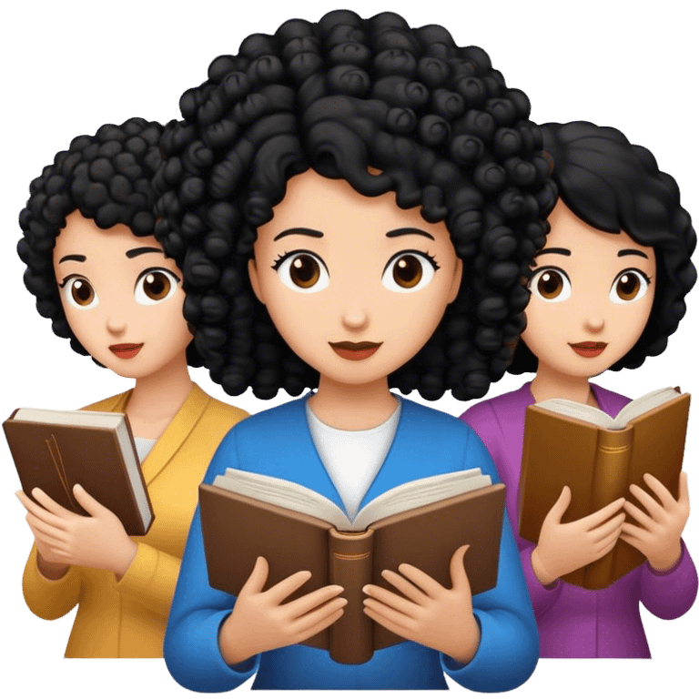 First woman curly hair, second woman black hair and third woman black hair reading bible emoji