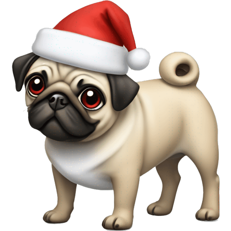 A female pug wearing red heels and a Santa hat emoji