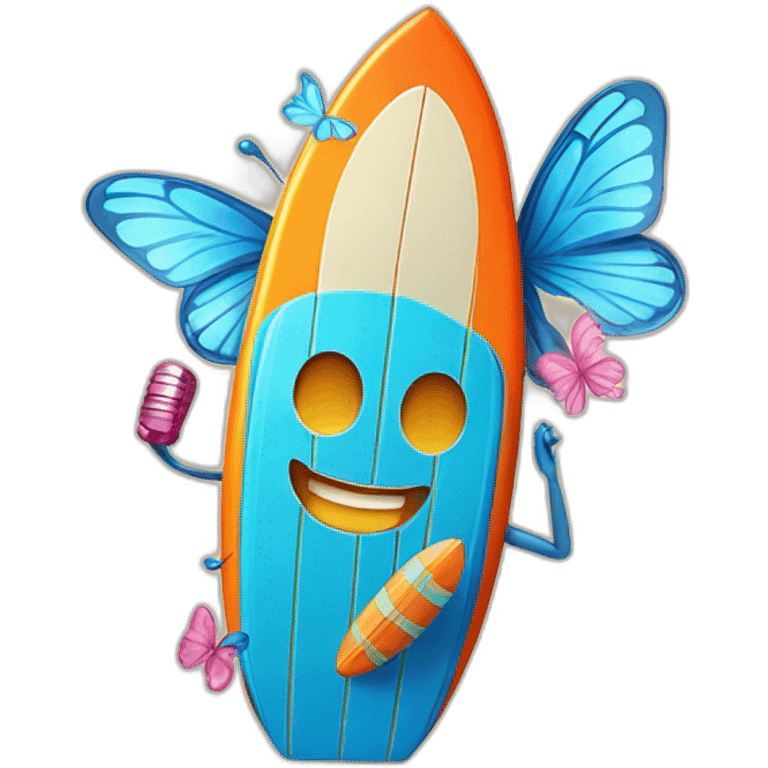 A surfboard Cartoon Blue and orange tiki smiling with butterfly and and Cartoon Blue and pink tiki singing with butterfly and mikrophone emoji