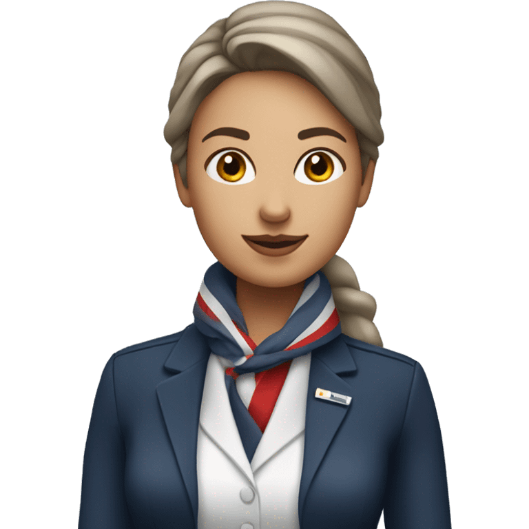 Flight attendant woman with a white shirt and a grey shirt. The scarf is dark blue with a white and red stripe at the end emoji