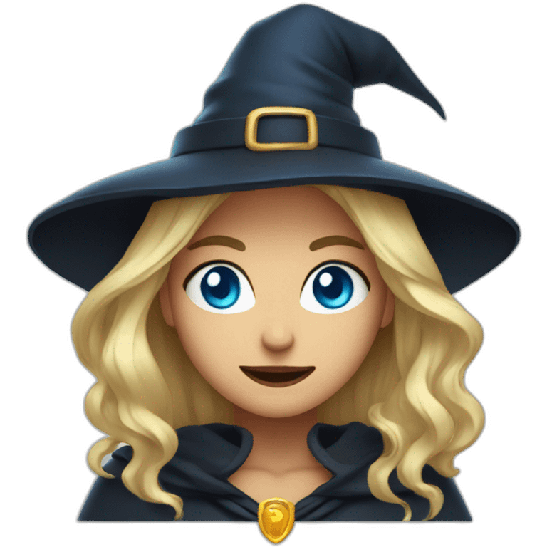 witch with gold hair and blue eyes angryly smiles emoji