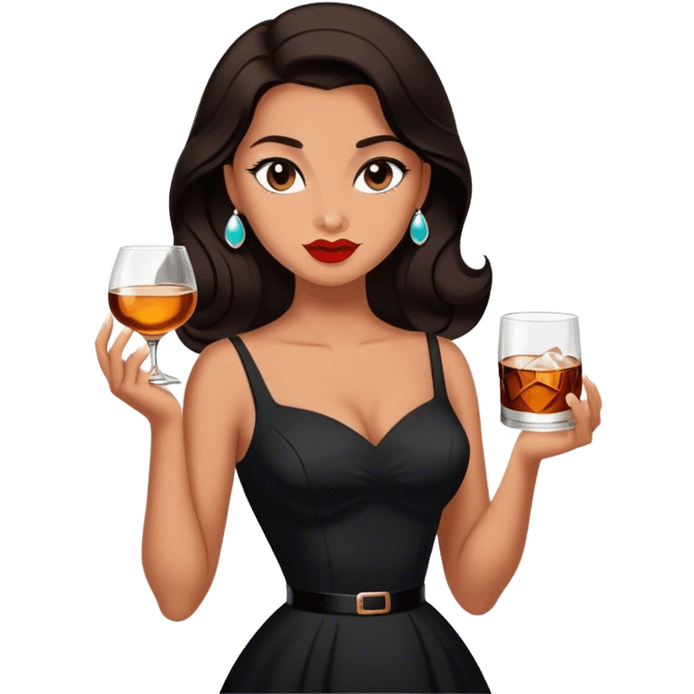 Beautiful woman in 1950’s woman fashion look, black dress, long dark brown hair, whisky with ice emoji