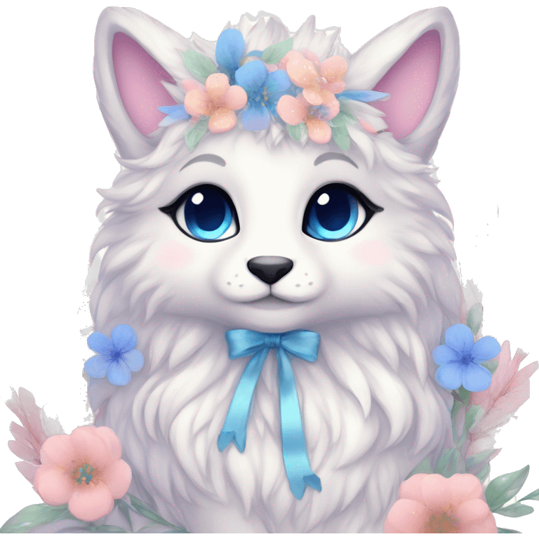 Anthro Cute Cool Pastel Kawaii gorgeous sparkly ethereal fantasy animal creature with blue eyes furry sona with flowers and ribbons beautiful aesthetic emoji