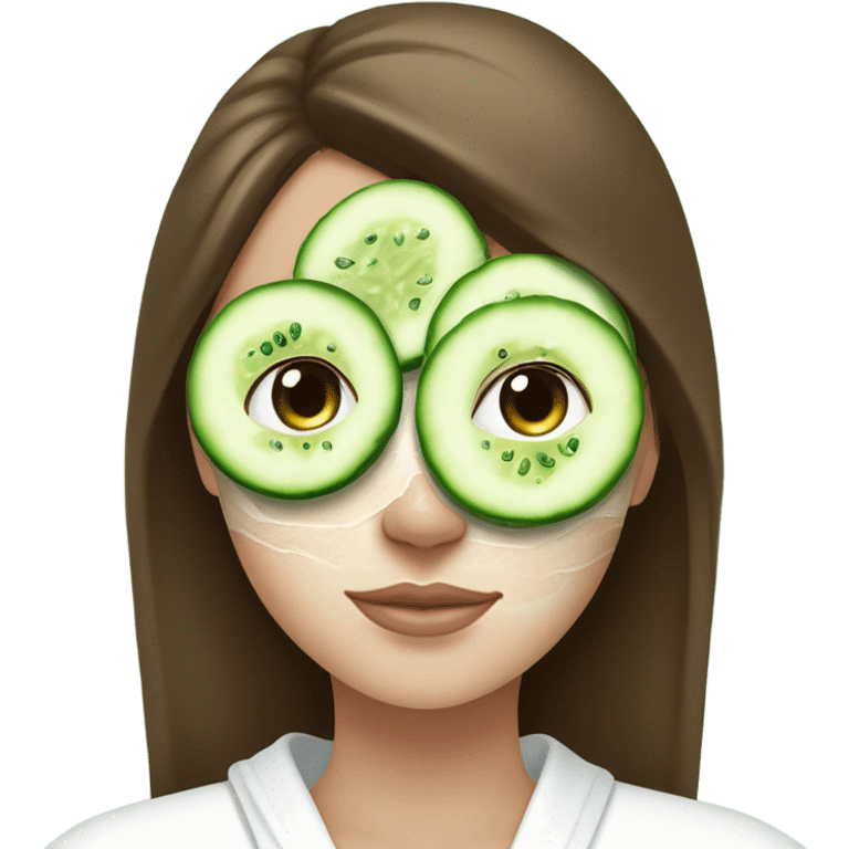 Girl with freackles Brown hair white skin and blue eyes wears Green skin care mask while She relaxes and two round piece cucumber on her closed eyes In a white Robe emoji