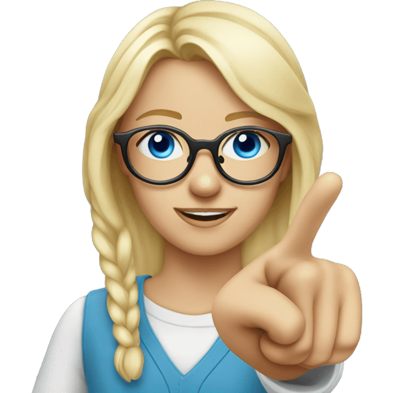 Blonde girl with blue eyes with glasses nerd pointing finger to the sky emoji