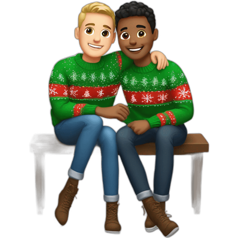 young gay couple in christmas sweathers sitting emoji