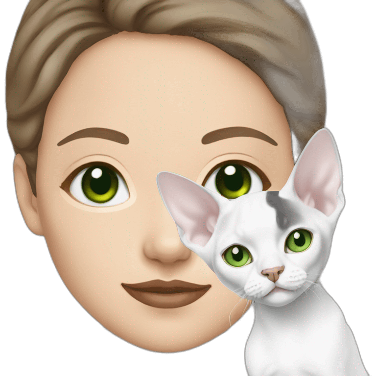 White brunette woman with green eyes holding slim white devon rex with light blue eyes emoji