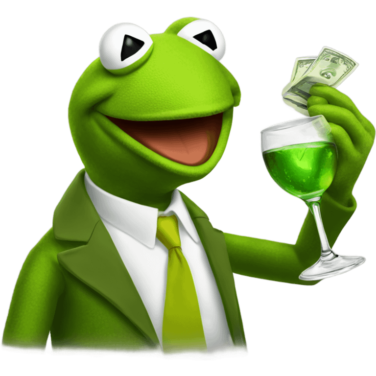 Kermit the frog throwing money and drinking booze emoji