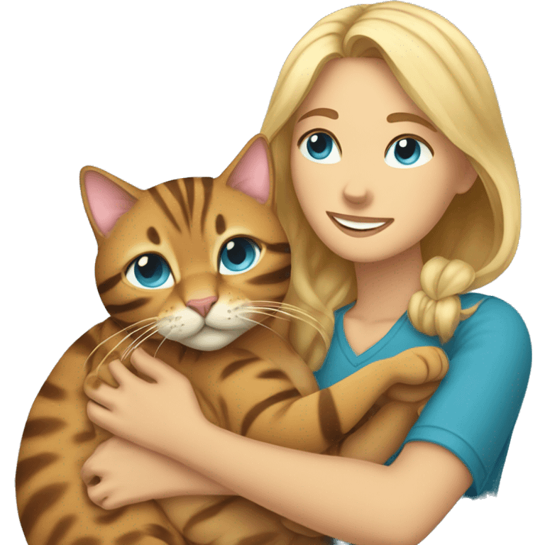 Brown-haired woman and blond blue eyed man hugs Bengal cat emoji