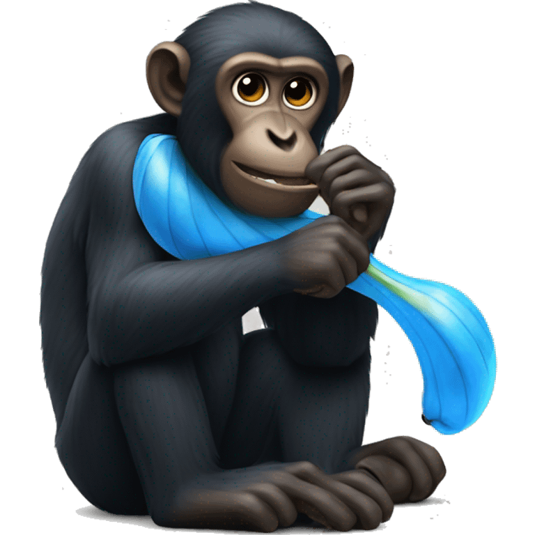 Black monkey eating blue banana emoji