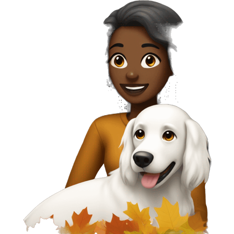 Long haired Black woman with a white dog wishing a happy Thanksgiving  emoji