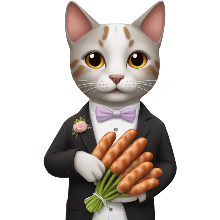 A cat getting married instead of a bouquet of sausages emoji