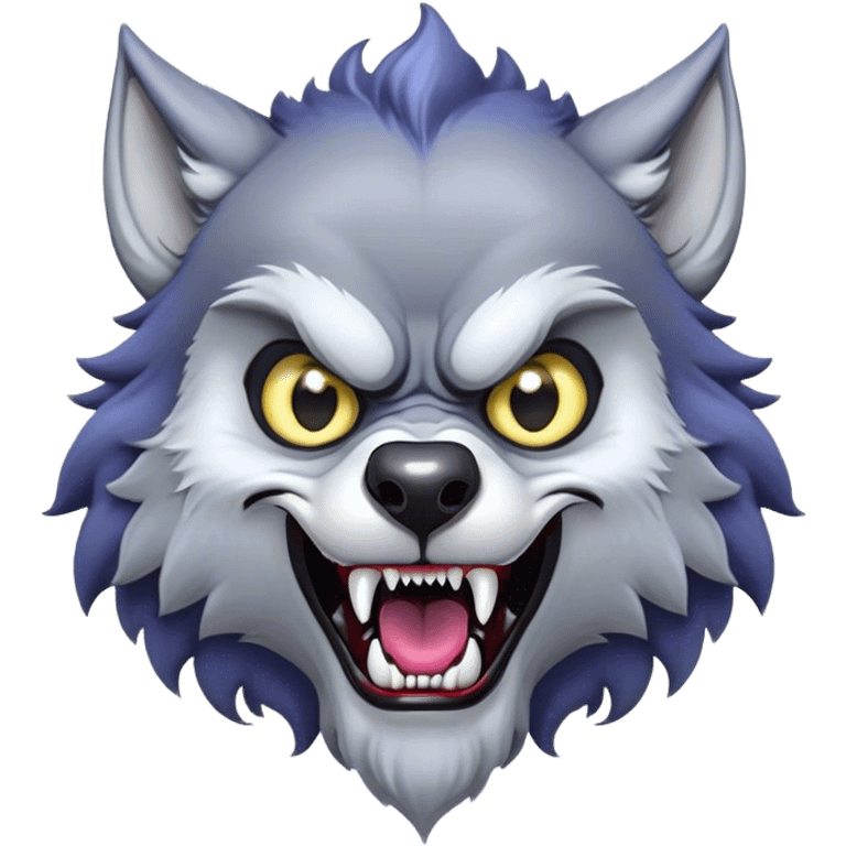 Cinematic Comical Werewolf Portrait Emoji, with a whimsically exaggerated lupine face in vivid moonlit grays and silvers, head cocked in a dramatically shocked expression with comically oversized, wide eyes and a playful snarl, simplified yet hilariously expressive, highly detailed with a soft cartoonish glowing outline capturing the mischievous humor of a werewolf mid-transformation! emoji