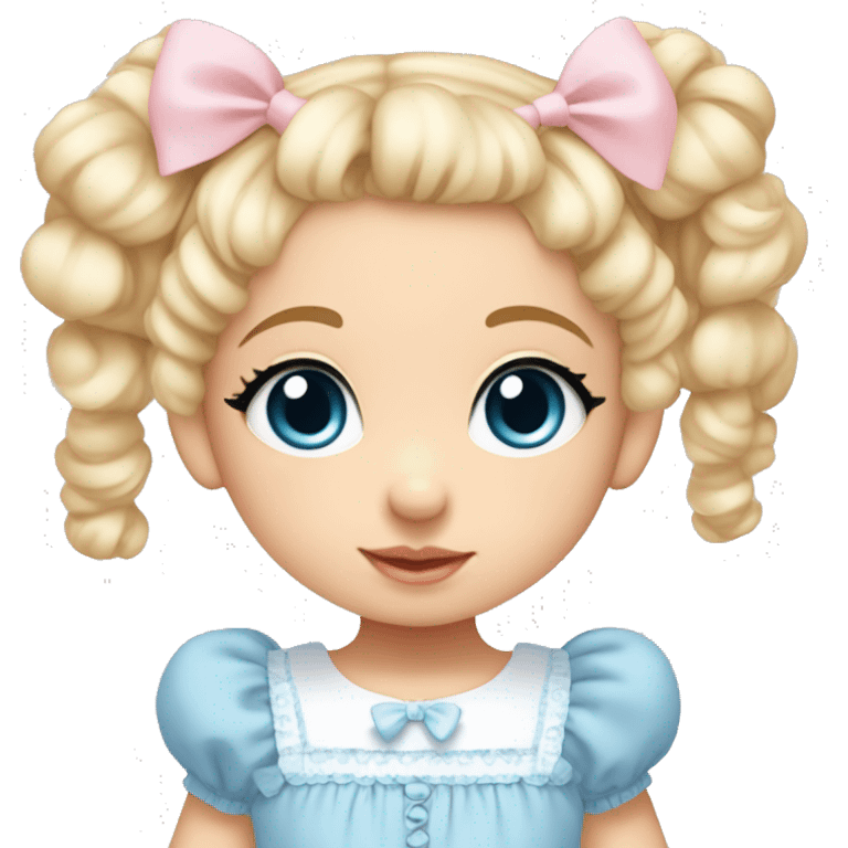 toddler girl with brown eyes and blonde curly hair in two pigtails wearing a baby blue lolita dress with baby pink hair bows emoji