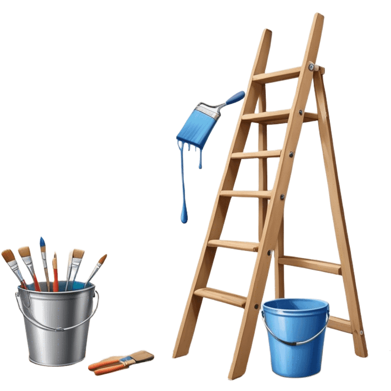 Create an icon that represents the hobby of wall painting. The design should feature a wall with a beautiful, frameless painting in progress. Include a paint bucket with brushes and rollers, as well as a wooden ladder, symbolizing the process of creating the artwork. The wall should have visible brush strokes, indicating the work in progress. The composition should be harmonious and balanced, reflecting both the artistic and practical aspects of wall painting. The background should be transparent. emoji