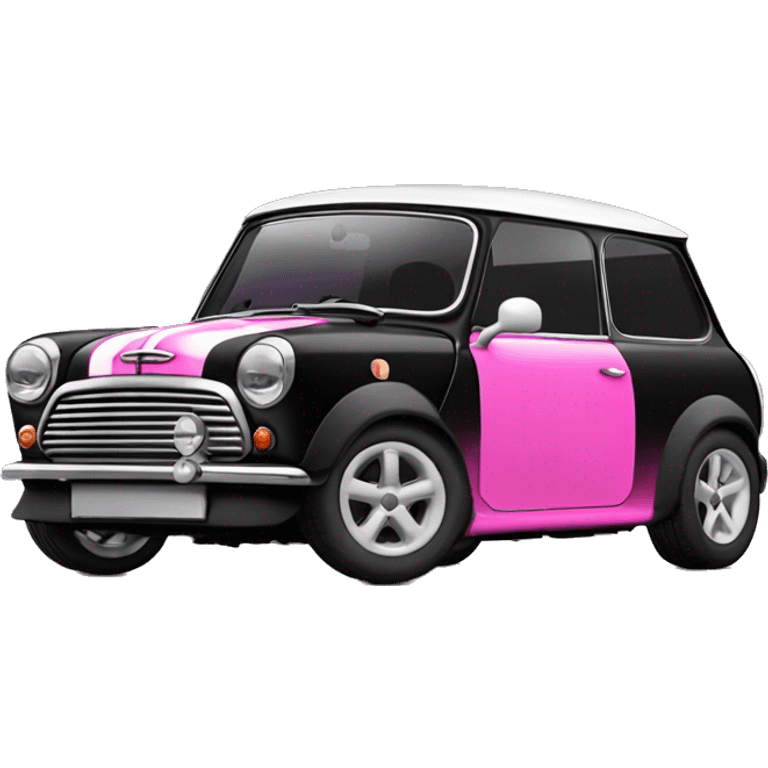 Black mini cooper, white roof, black doors, with hot pink hood stripes emoji