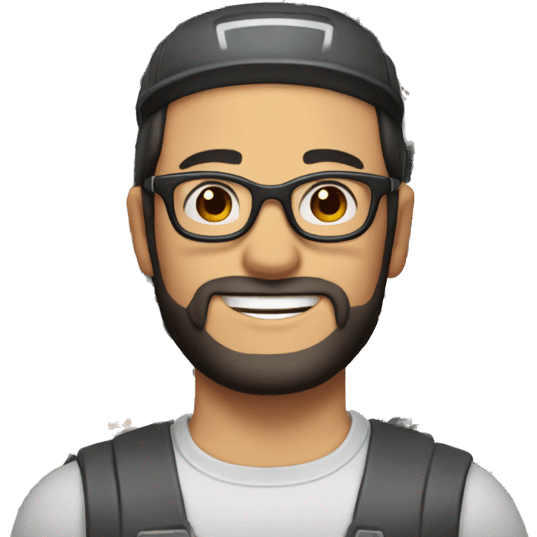 white man smiling, black hair, black beard, round glasses, brown eyes, dressed as a car mechanic, with red cap emoji