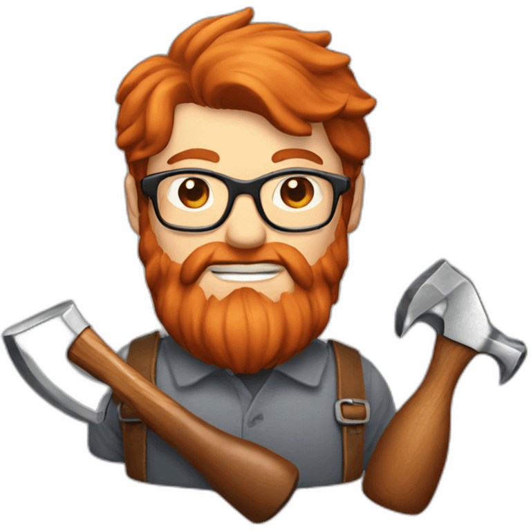 Red smooth haired man with beard and glasses making a saddle with hammer emoji