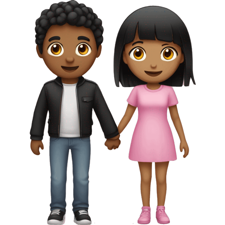 Emoji of a tan girl with black hair wearing pink and a fair skin boy with black hair wearing black holding hands emoji