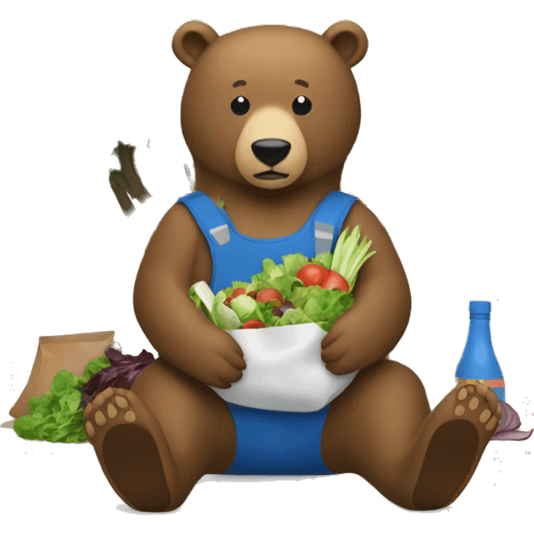 Brown bear sitting against a tree very full with a salad bag next to him and a blue bowl on his belly  emoji