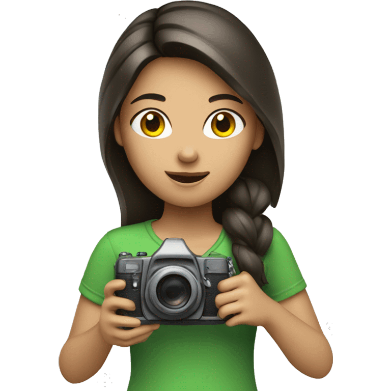 brunette girl with green shirt holding camera emoji