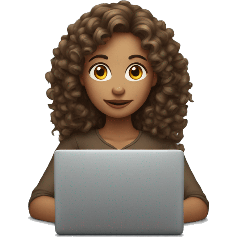 The woman with fair skin, curly long brown hair sit with laptop apple emoji