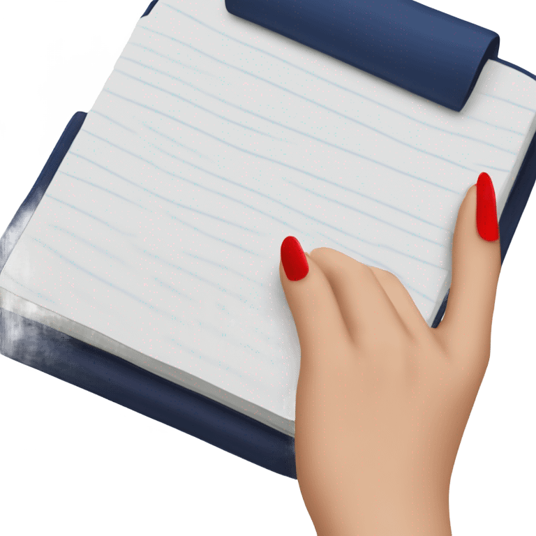 a female hand with a red manicure holds a dark blue notepad emoji