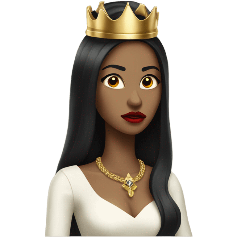 Queen with light olive skin, long black hair, bright red lips, skinny gold crown, white dress, and evil stare. emoji