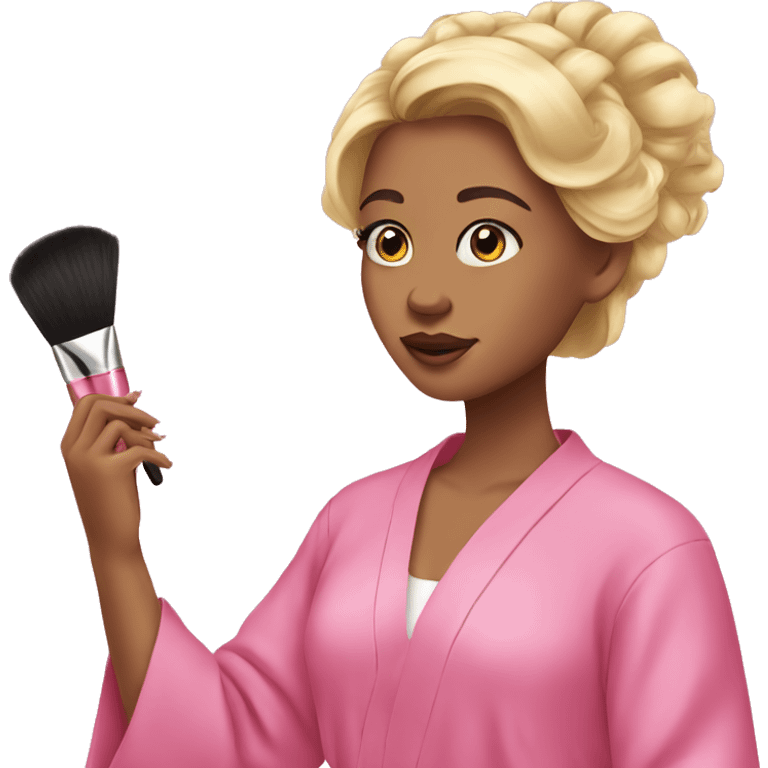 Girl with blonde hair and in pink robe doing makeup emoji