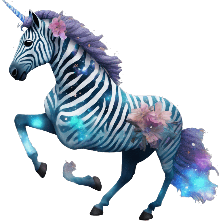 Ethereal zebra newspaper cutting flowers graffiti magazine collage glittering iridescent rich chestnut brown blue mane horse galloping through constellations and nebulas, unicorn Pegasus emoji