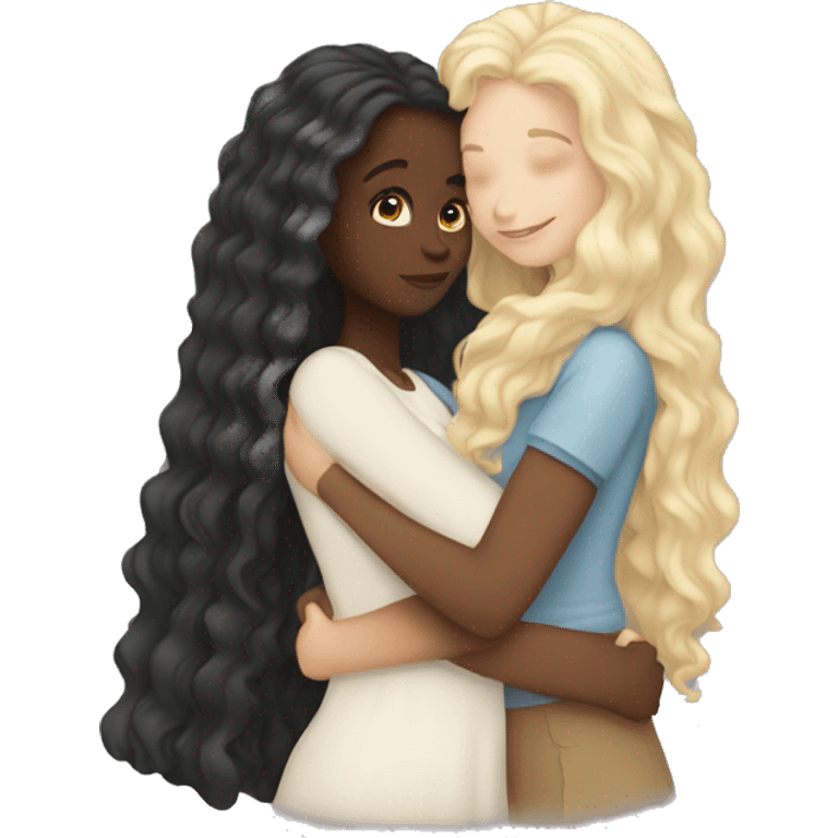 black girl with long curly hair hugging white girl with long brown hair emoji