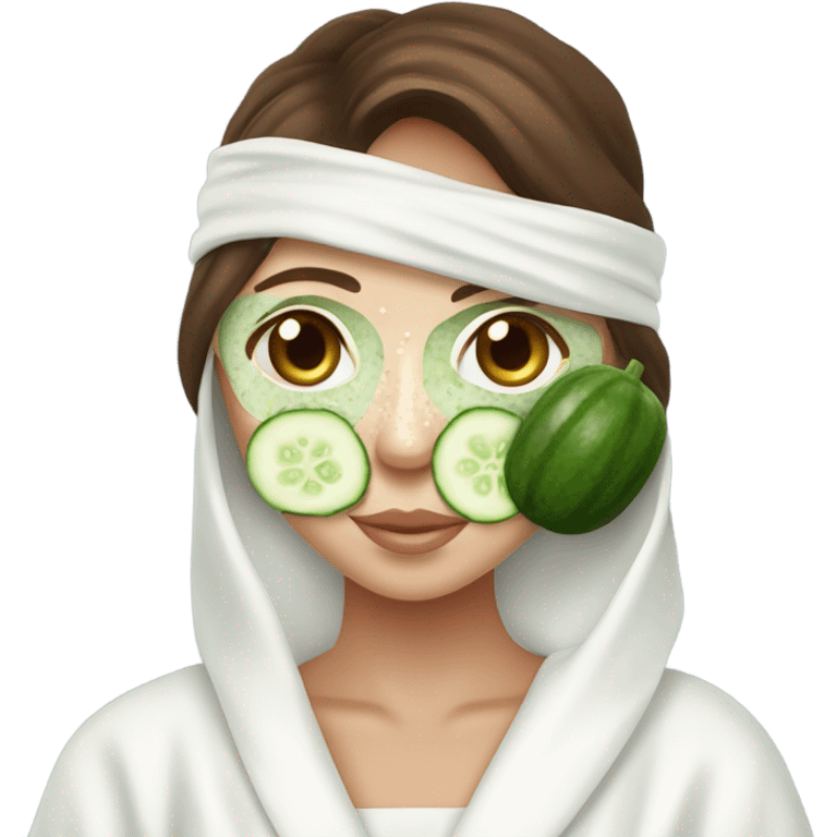 Girl with freackles Brown hair white skin and blue eyes wears Green colored texture skin care mask all over her face while She relaxes and puts two round piece of cucumber on her closed eyes In a white Robe emoji