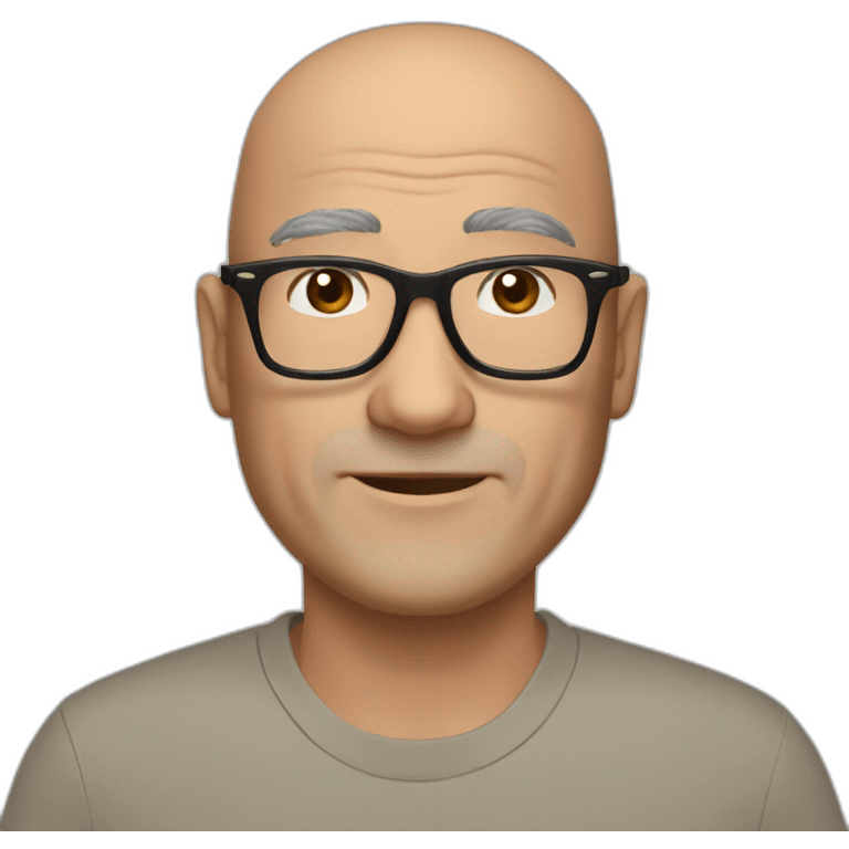 A fifty-year-old European man with a slight Asian appearance, a bald head, Ray-Ban glasses, and brown eyes with a friendly gaze. emoji