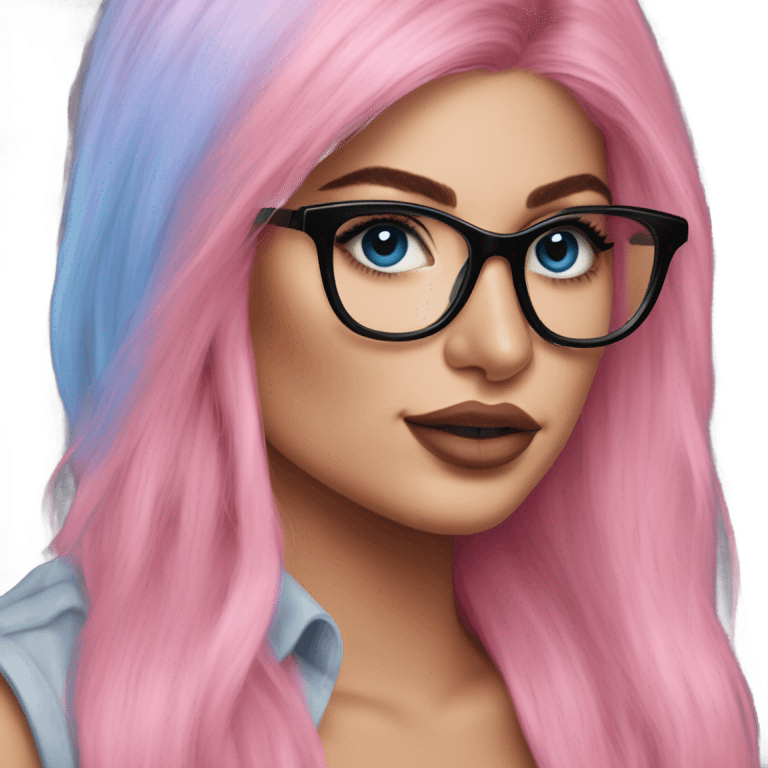 Photo Realistic kylie jenner stylish pink hair BLUE eyes and glasses happy  emoji