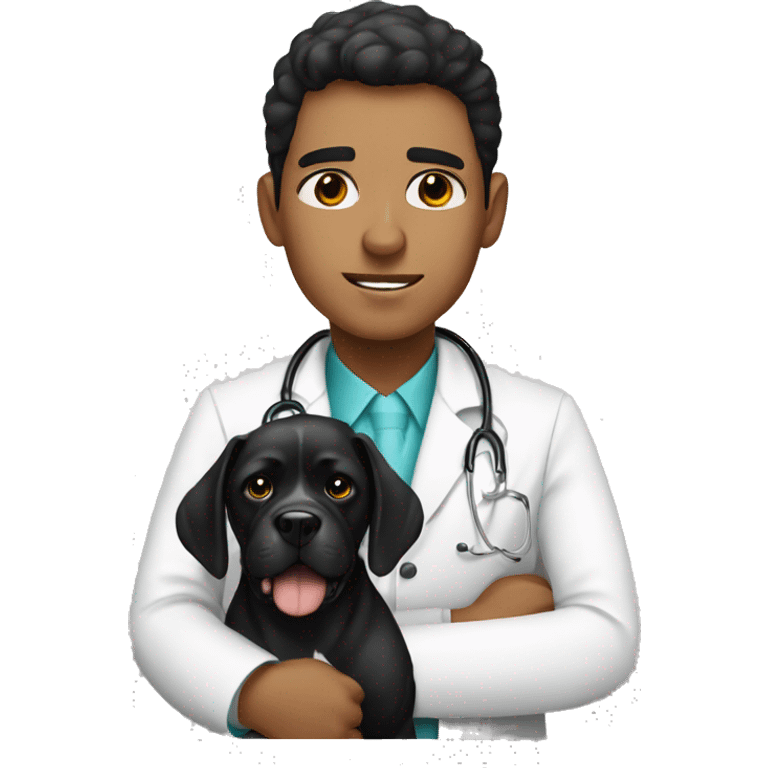 Young Mexican doctor with big black boxer dog with white face emoji