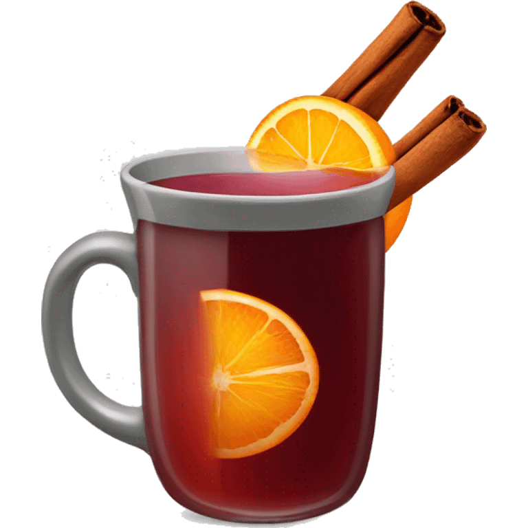 A Christmas mug of hot mulled wine, steaming with a cinnamon outside and an orange slice next to it emoji