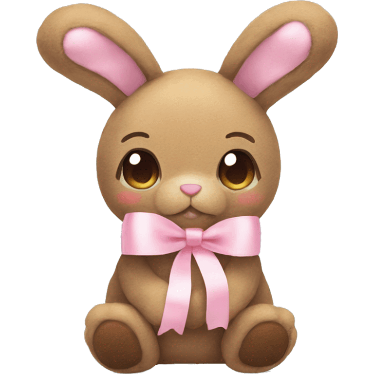 Pastel brown stuffed bunny plushie with pastel pink ribbon on one of the bunnies ears emoji