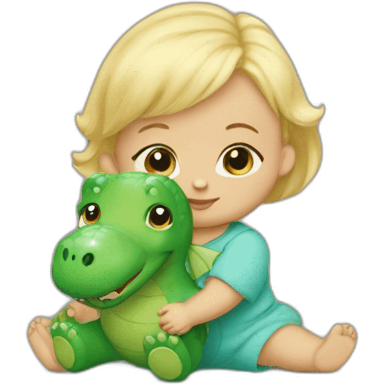 A blond baby girl, 3 months old, holding a green dino teddy bear  emoji