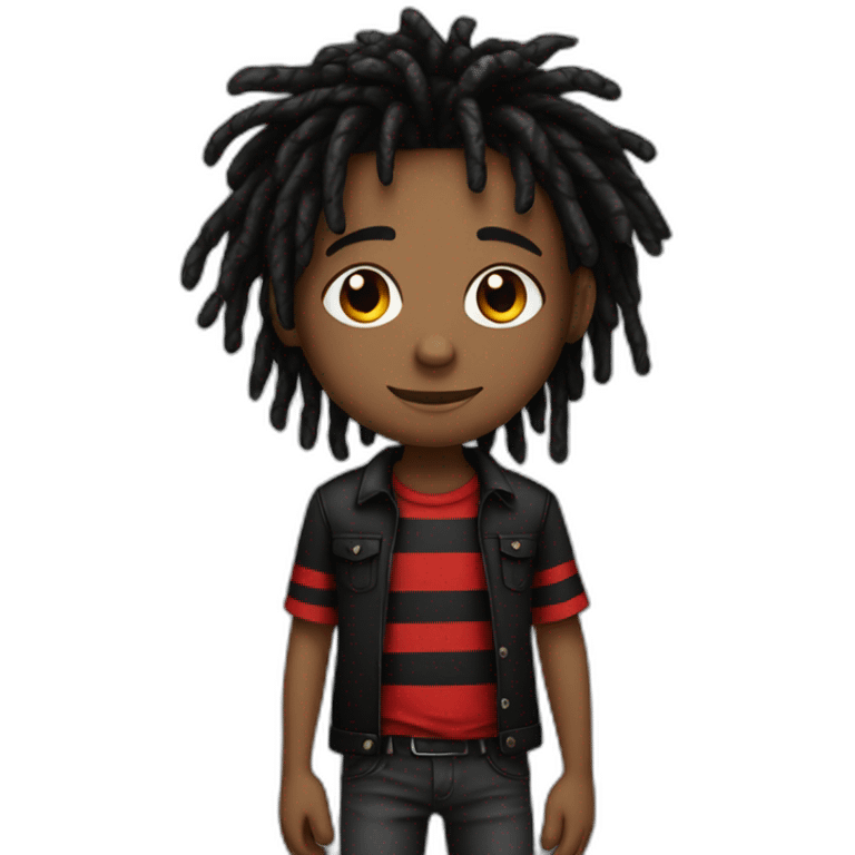 Cute brown skin boy with red and black striped colored dreads wearing a black shirt not smiling  emoji