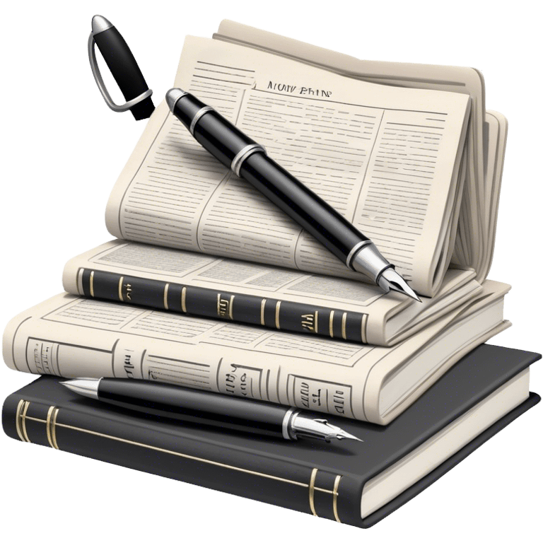 Create an emoji representing journalism and publicistic writing. The design should feature a stack of newspapers, an open notebook, and a single classic fountain pen placed on top of the notebook, symbolizing the act of writing. The scene should convey a sense of professionalism and thoughtful analysis. Use a neutral and professional color palette, with black, white, and muted tones. Do not include any emojis or smiley faces. Make the background transparent. emoji