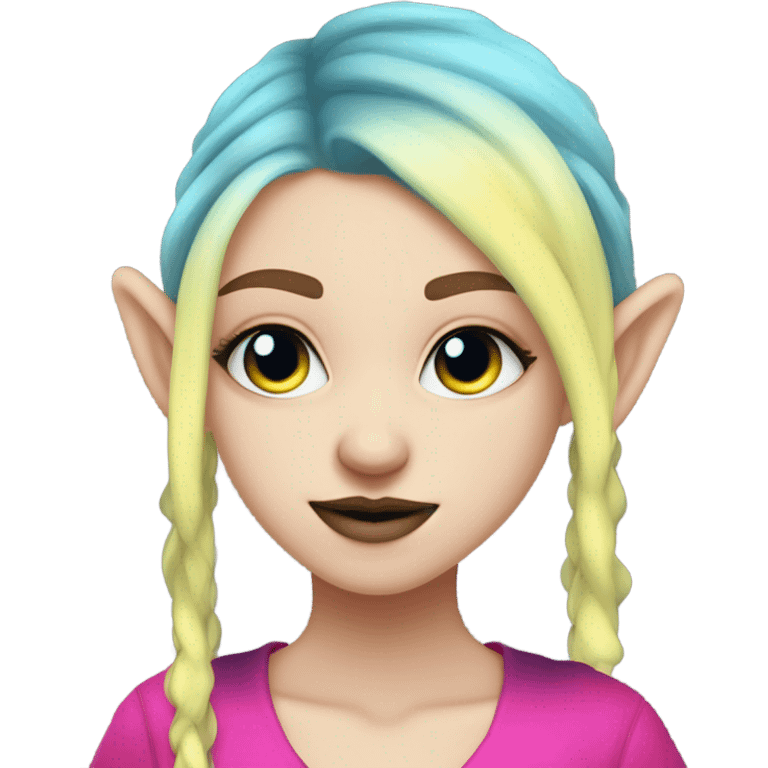 Blue eyed long eye lashes blonde  pale hime gyaru girl, hot pink and yellow split-dyed hair, nose ring, elf ears, dark makeup, punk clothes emoji