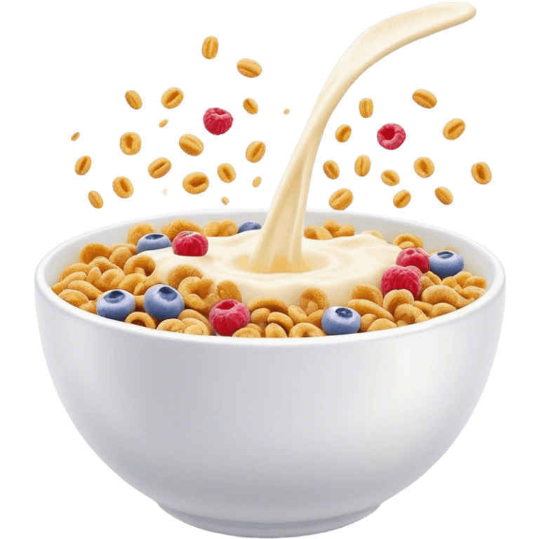 Cinematic crunchy cereal, vibrant and colorful, splashing into a bowl of cold milk, soft glowing background, dynamic movement, playful and inviting, nostalgic and fun. emoji