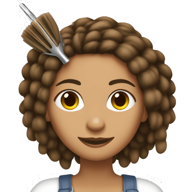 Olive skin tone female with brown dreadlocks wearing pick and holding dog grooming tools emoji